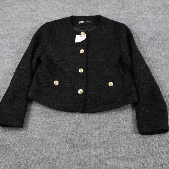 Zara Jacket Women Medium Metallic Thread Tweed Cropped Blazer Black Party Office - Picture 1 of 10